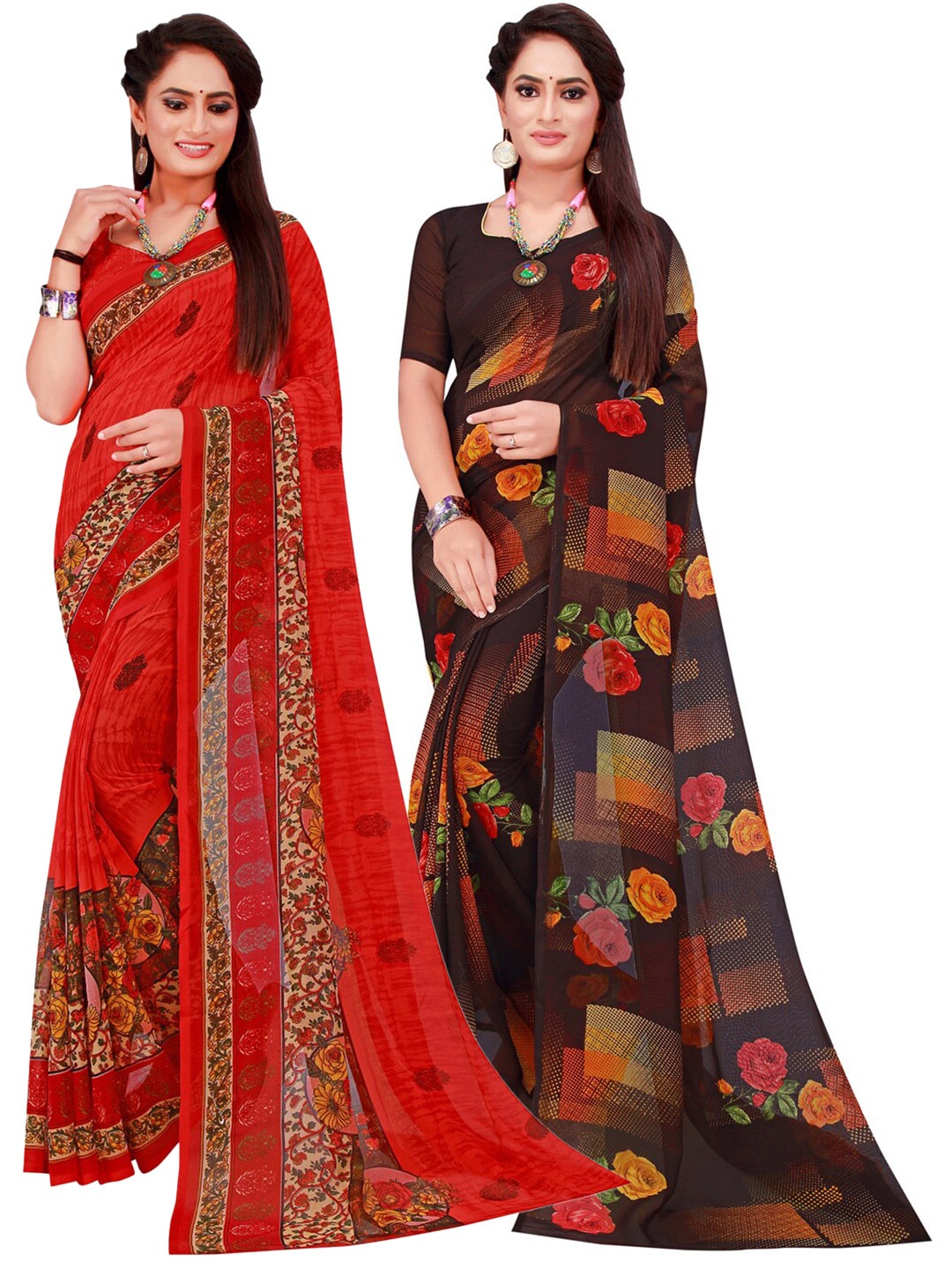 

KALINI Pack Of 2 Red & Black Floral Pure Georgette Saree