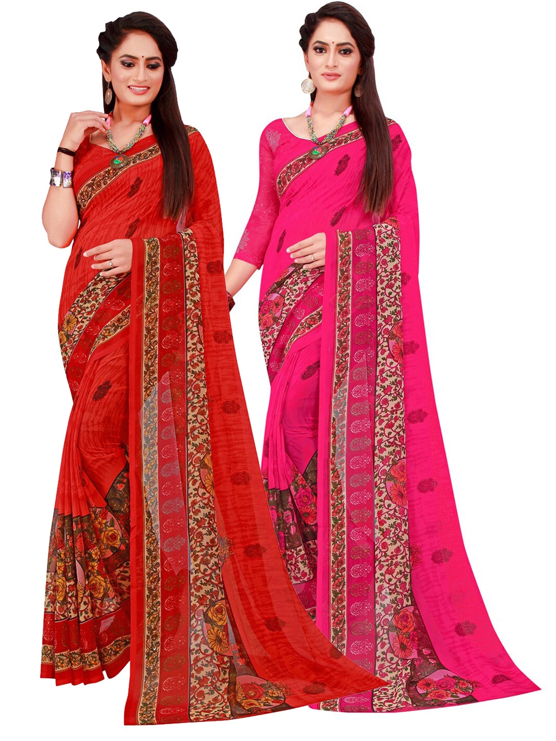 

KALINI Pack of 2 Red & Magenta Floral Pure Georgette Sarees