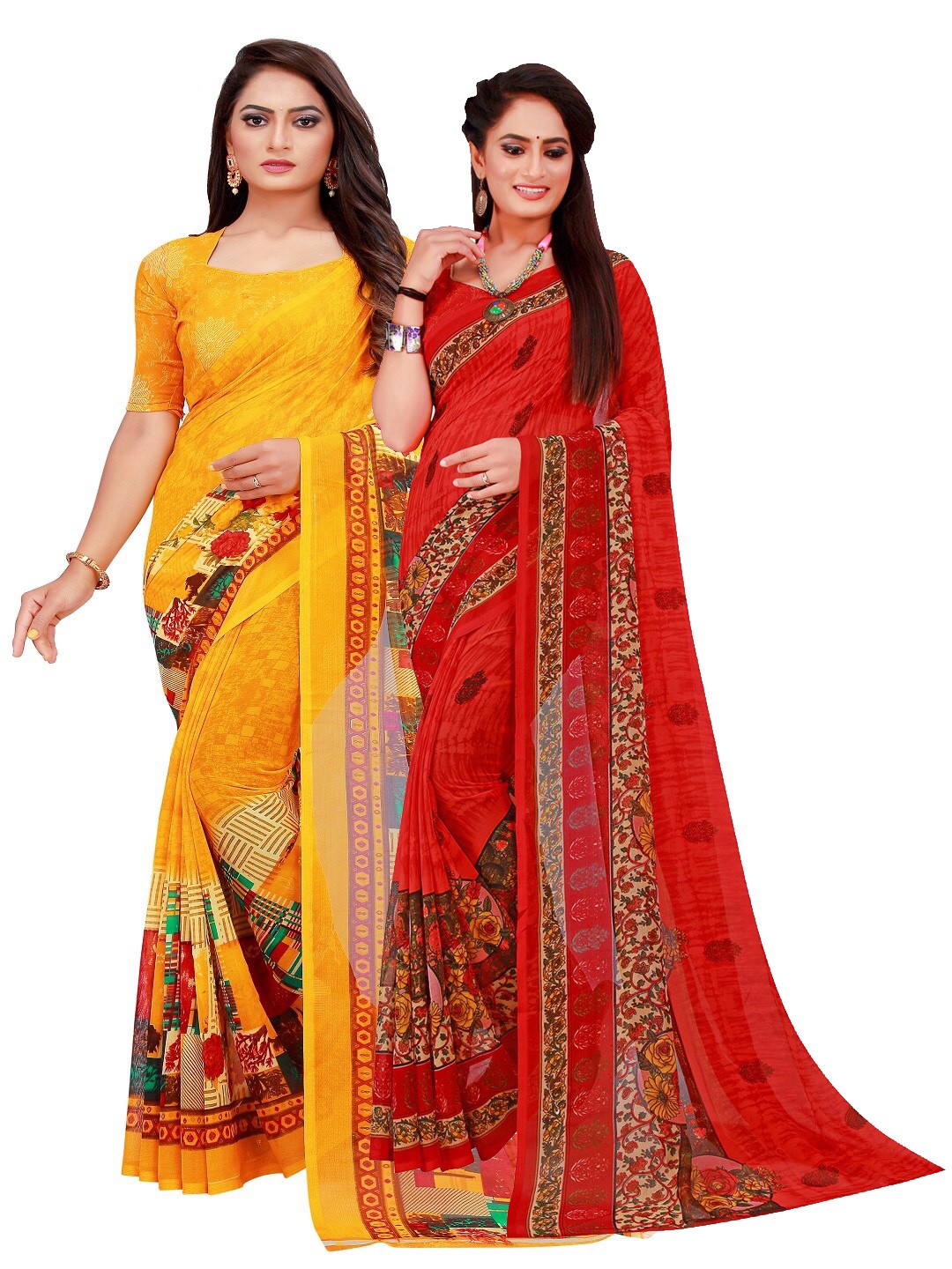 

KALINI Set Of 2 Red & Yellow Floral Pure Georgette Saree