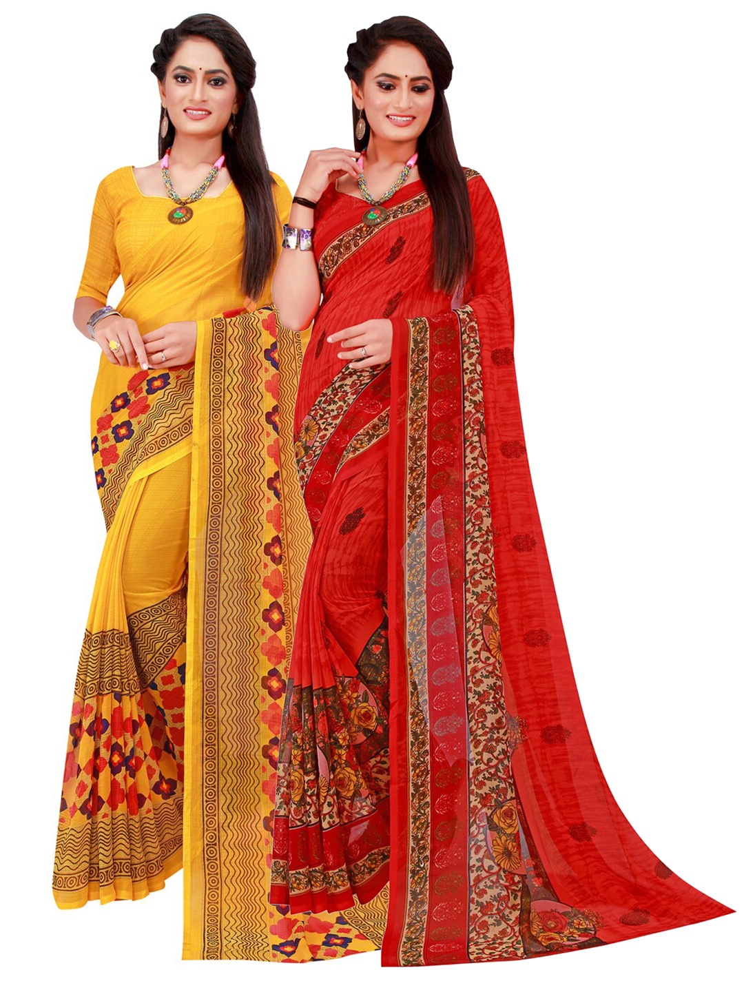 

KALINI Yellow & Red Set Of 2 Floral Pure Georgette Saree