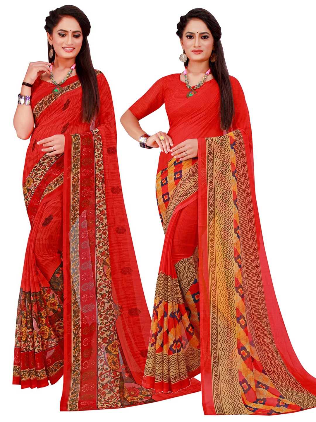 

KALINI Pack of 2 Red & Yellow Floral Pure Georgette Sarees