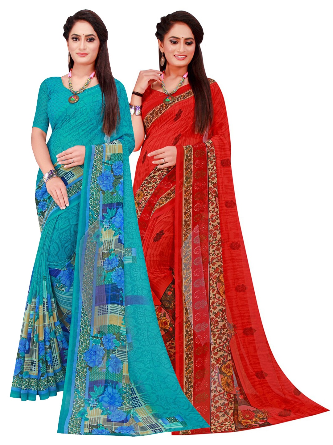 

KALINI Turquoise Blue & Red Printed Pure Georgette Saree Pack Of 2