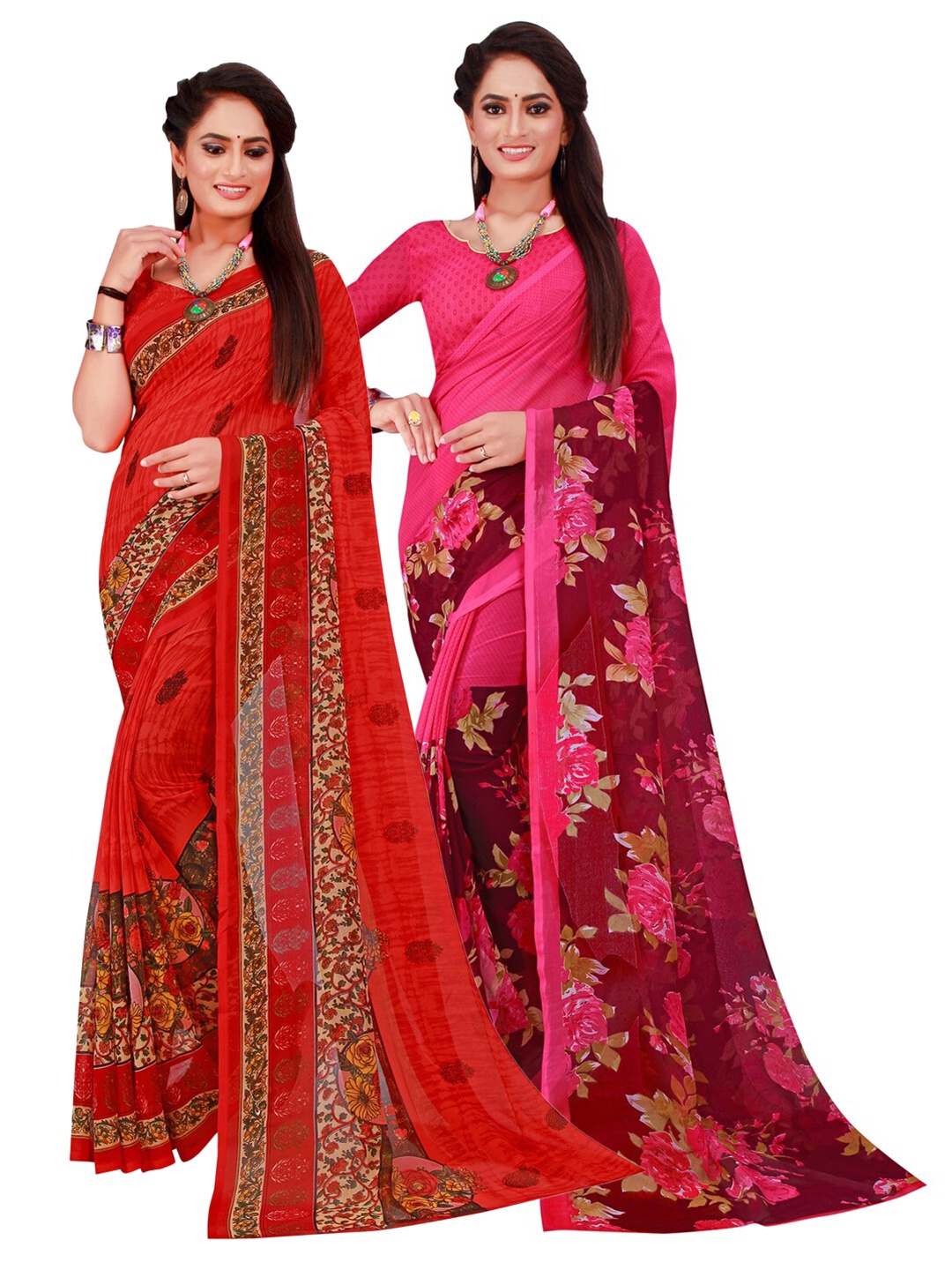 KALINI Red & Magenta Set of 2 Floral Printed Georgette Saree