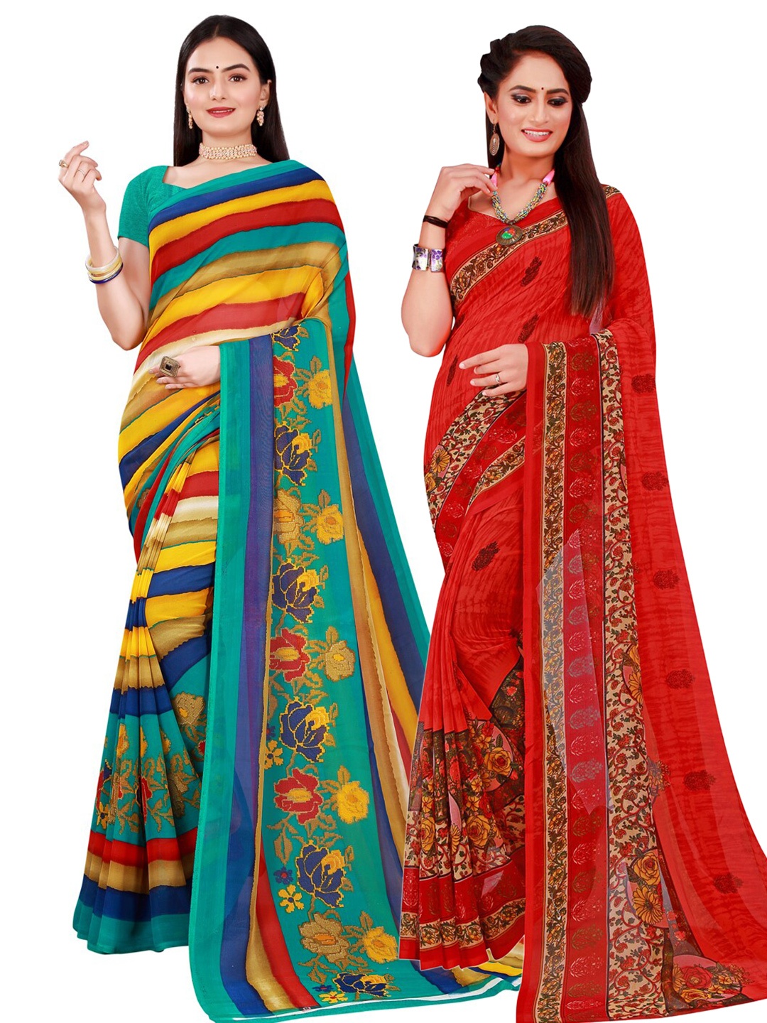 

KALINI Pack Of 2 Red & Blue Pure Georgette Saree