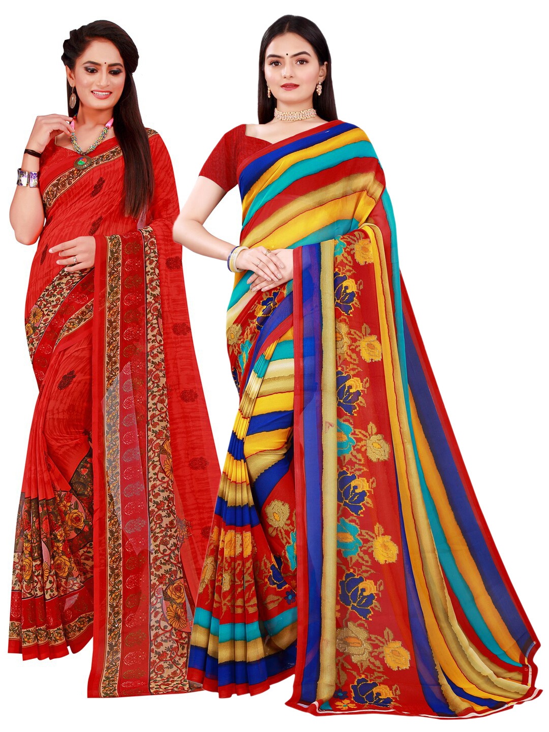 

KALINI Red & Blue Printed Pure Georgette Saree