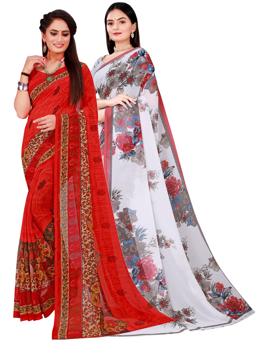 

KALINI Red & White Floral Printed Pure Georgette Saree Pack Of 2