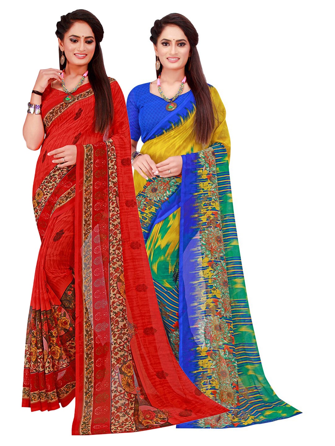 

KALINI Pack of 2 Red & Blue Pure Georgette Sarees