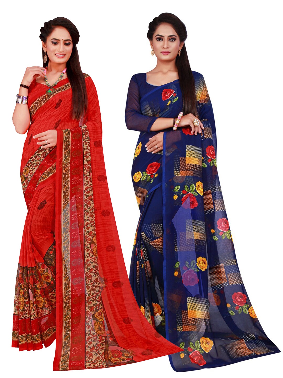 

KALINI Pack Of 2 Red & Navy Blue Pure Georgette Saree
