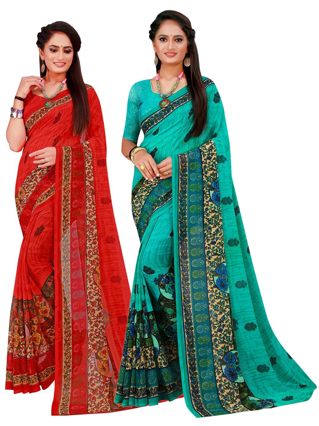 

KALINI Pack of 2 Red & Turquoise Blue Floral Pure Georgette Sarees