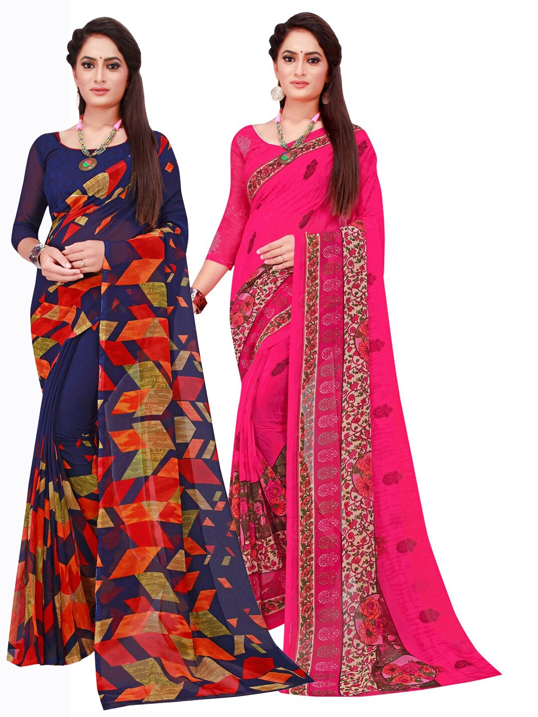 

KALINI Navy Blue & Magenta Printed Pure Georgette Saree Pack Of 2