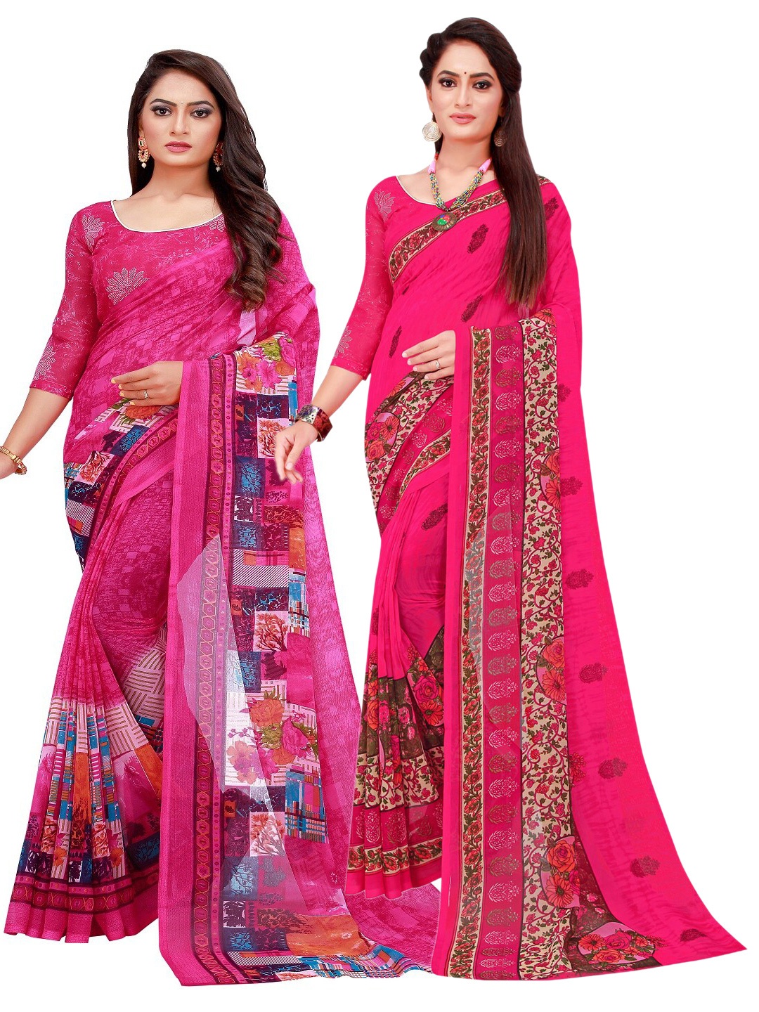 

KALINI Pack of 2 Magenta & Red Floral Pure Georgette Sarees