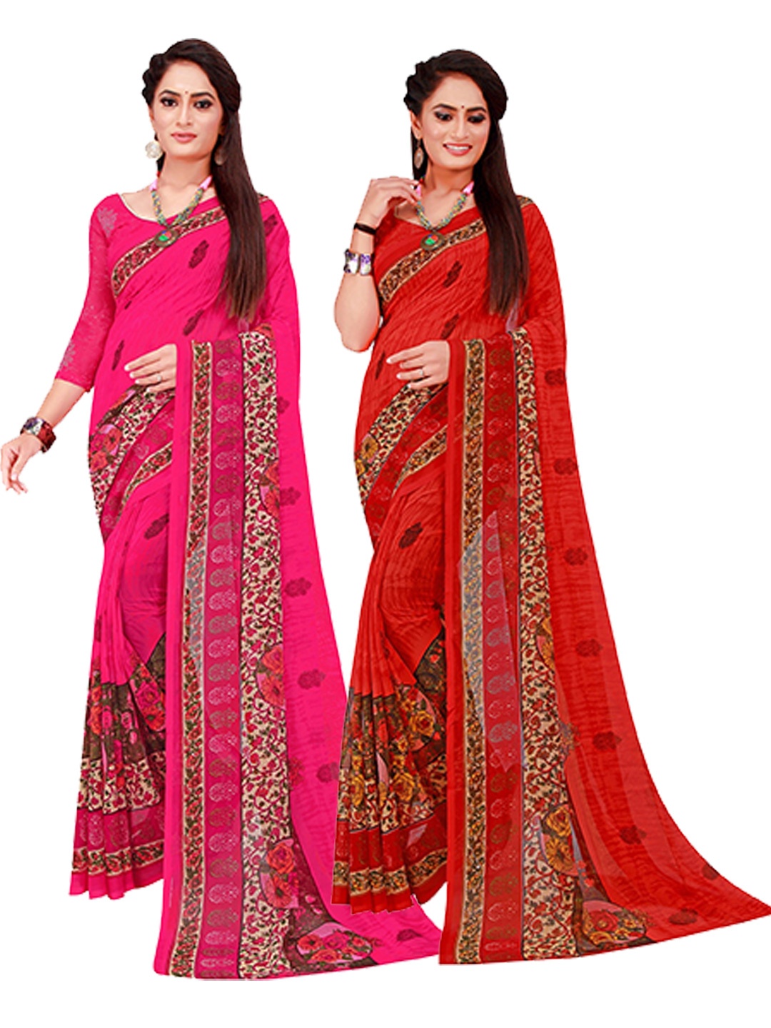 

KALINI Set Of 2 Magenta & Red Floral Pure Georgette Saree