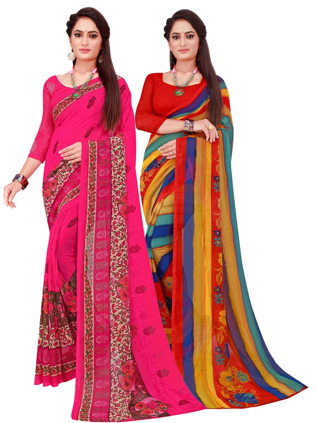 

KALINI Pack Of 2 Yellow & Magenta Floral Pure Georgette Saree