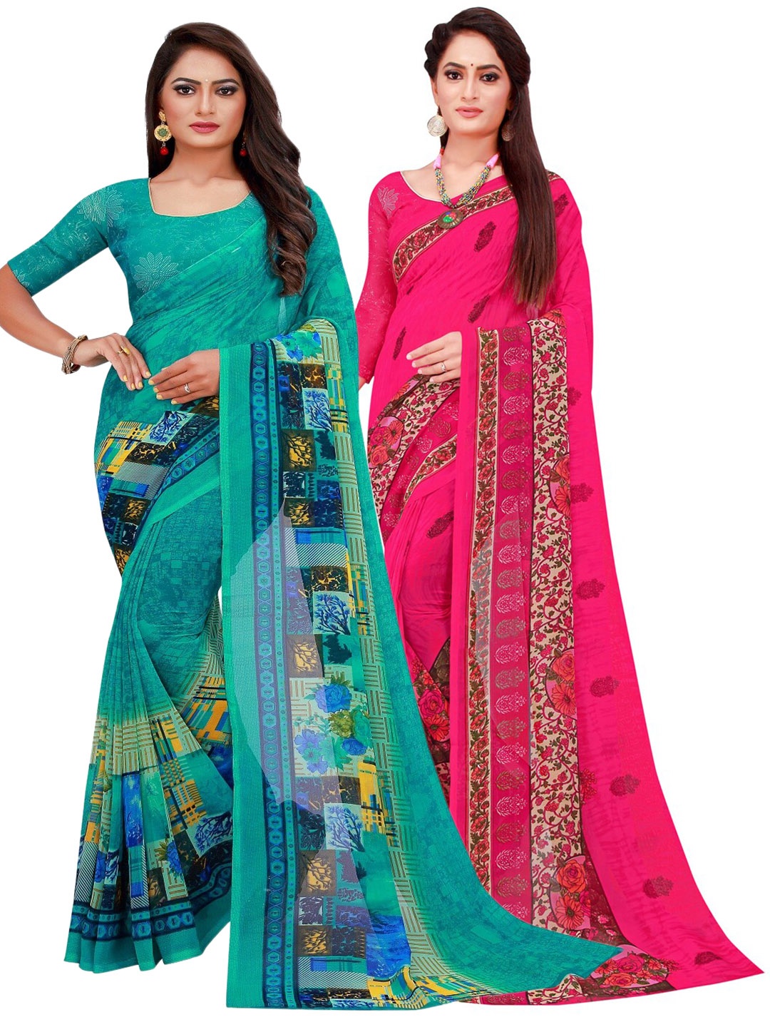 KALINI Turquoise Blue & Magenta Set Of 2 Floral Pure Georgette Saree