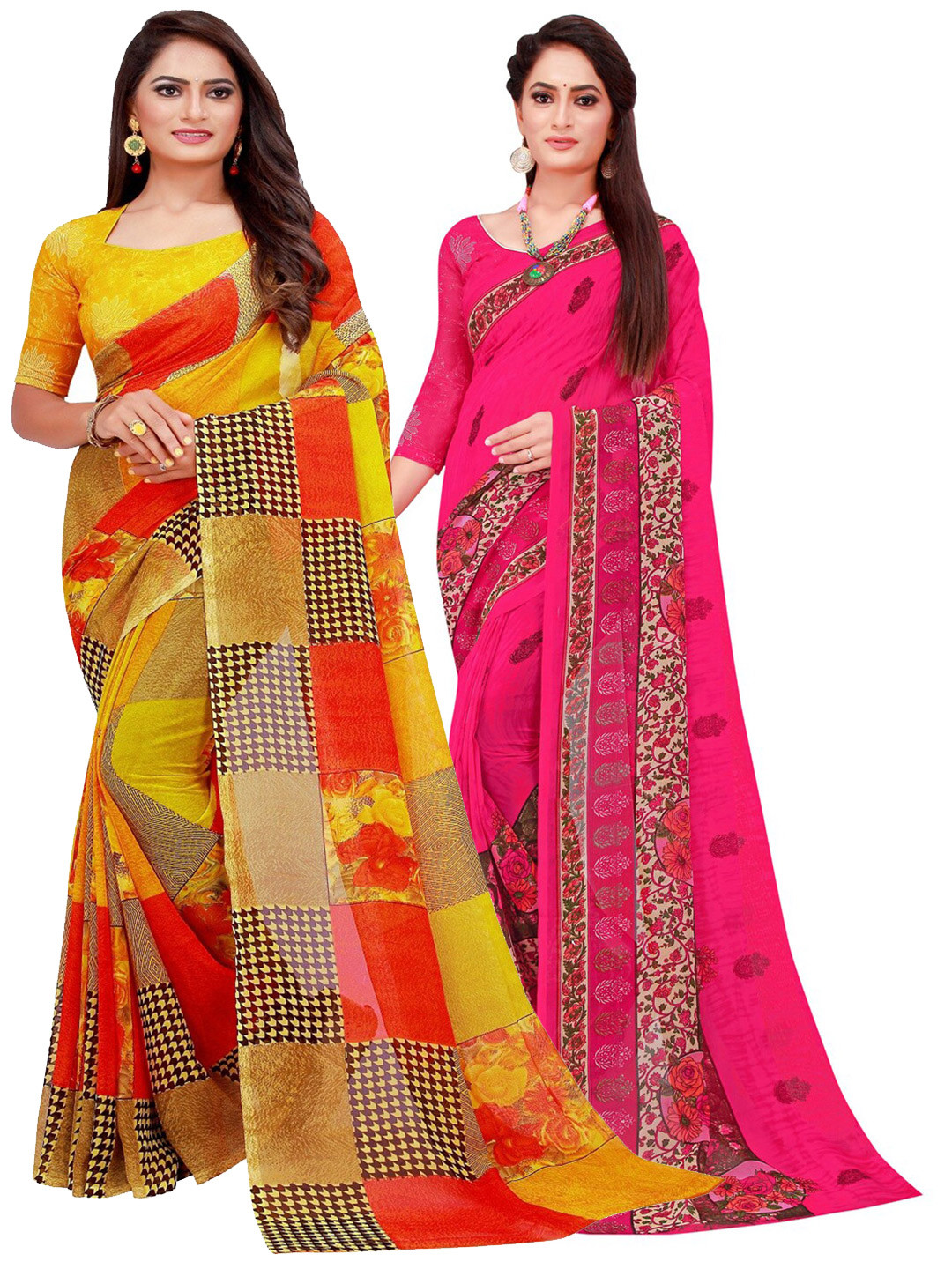 

KALINI Magenta & Yellow Set of 2 Floral Printed Georgette Saree