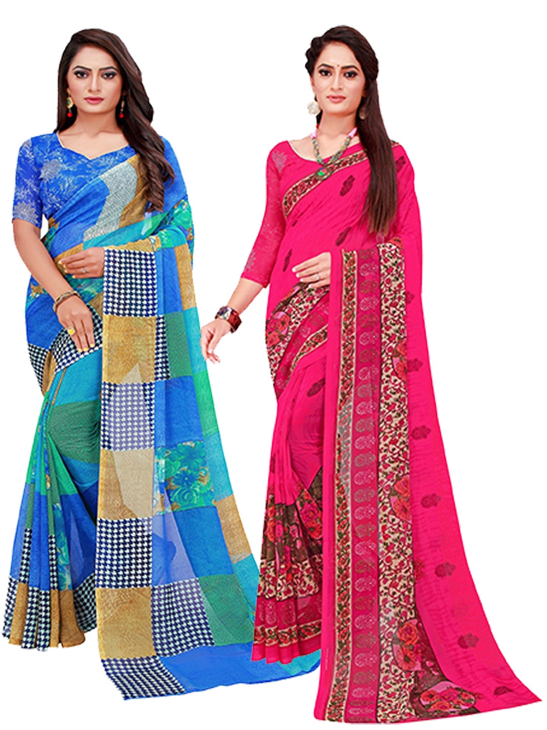 KALINI Blue & Magenta Floral Printed Pure Georgette Saree Pack Of 2