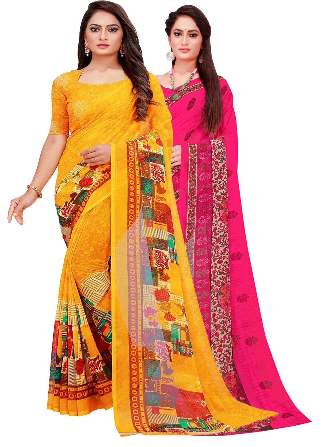 

KALINI Pack of 2 Magenta & Yellow Floral Pure Georgette Sarees