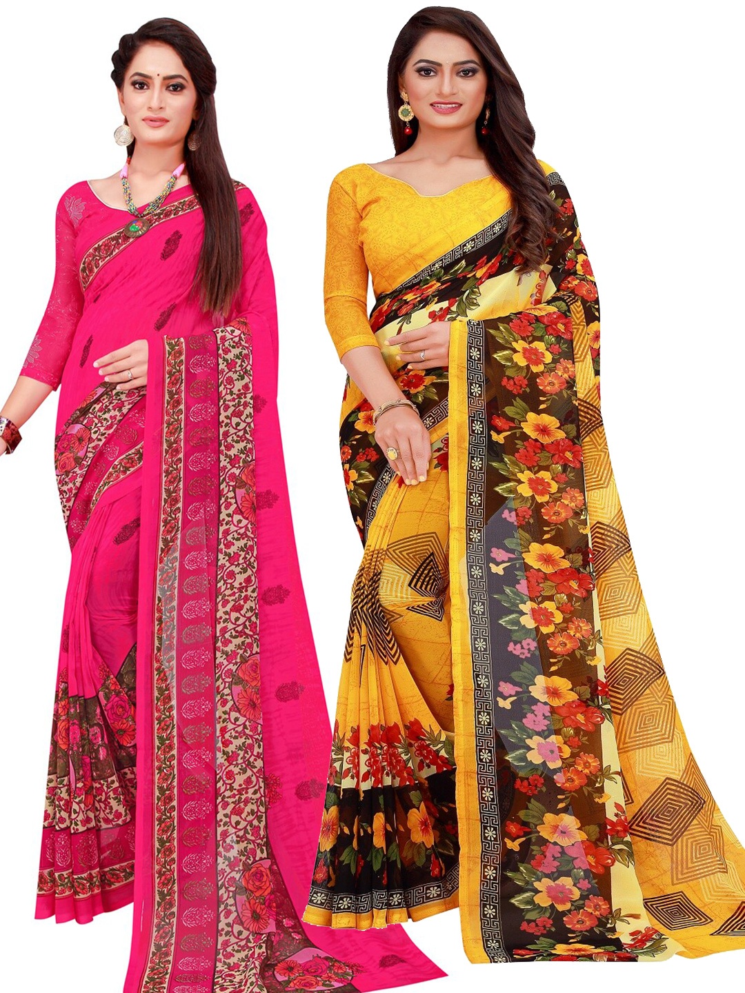 

KALINI Pack Of 2 Yellow & Magenta Floral Pure Georgette Saree