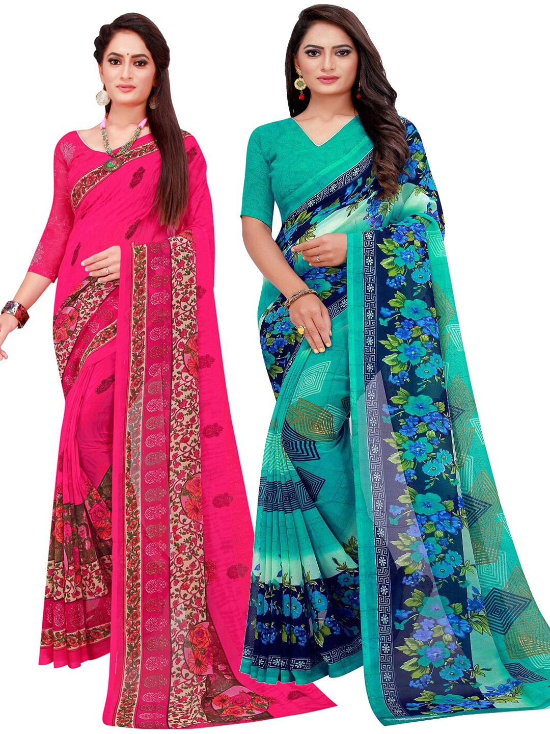 

KALINI Set Of 2 Turquoise Blue & Magenta Floral Pure Georgette Saree