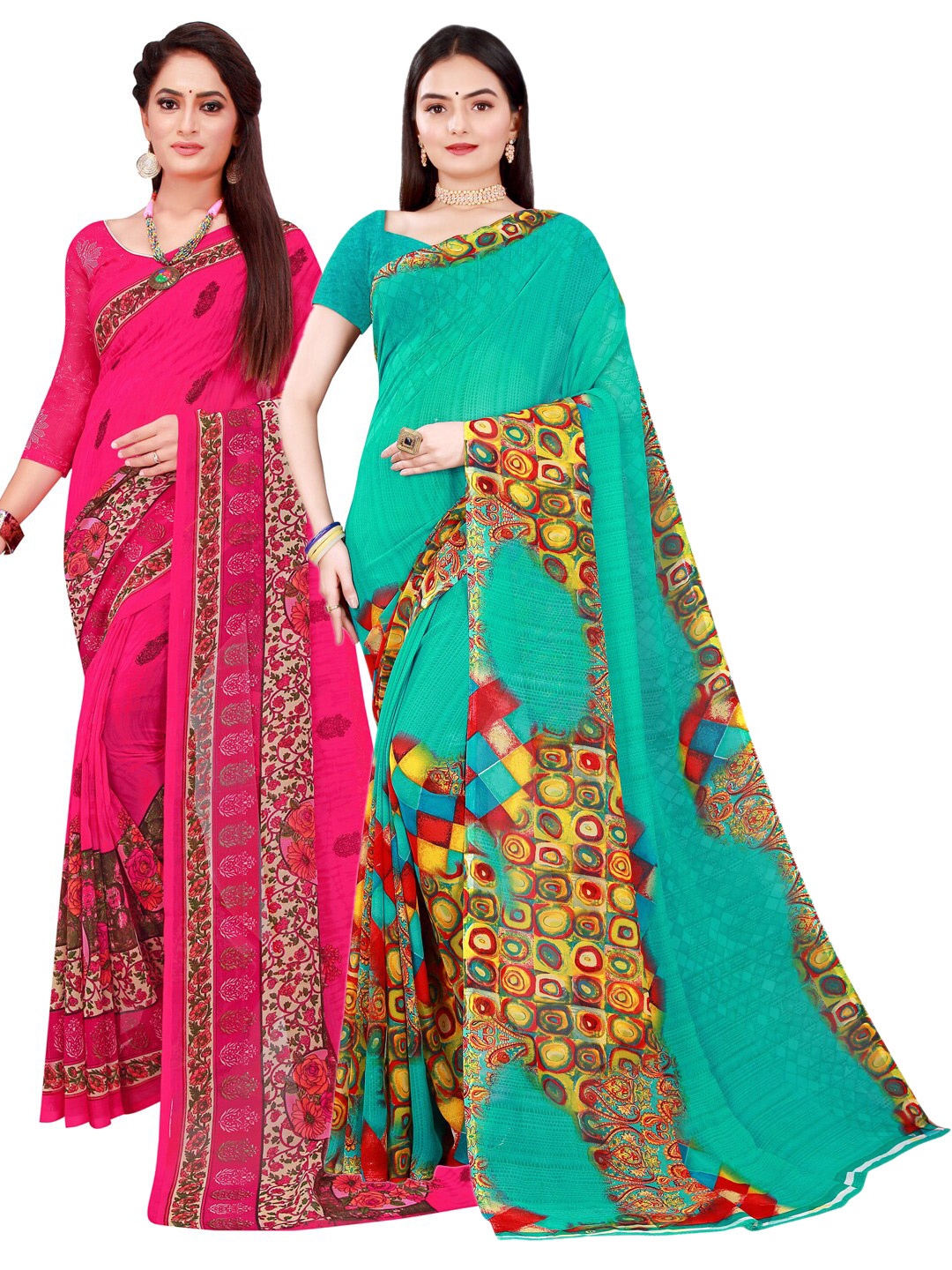 

KALINI Pack of 2 Magenta & Green Floral Pure Georgette Sarees