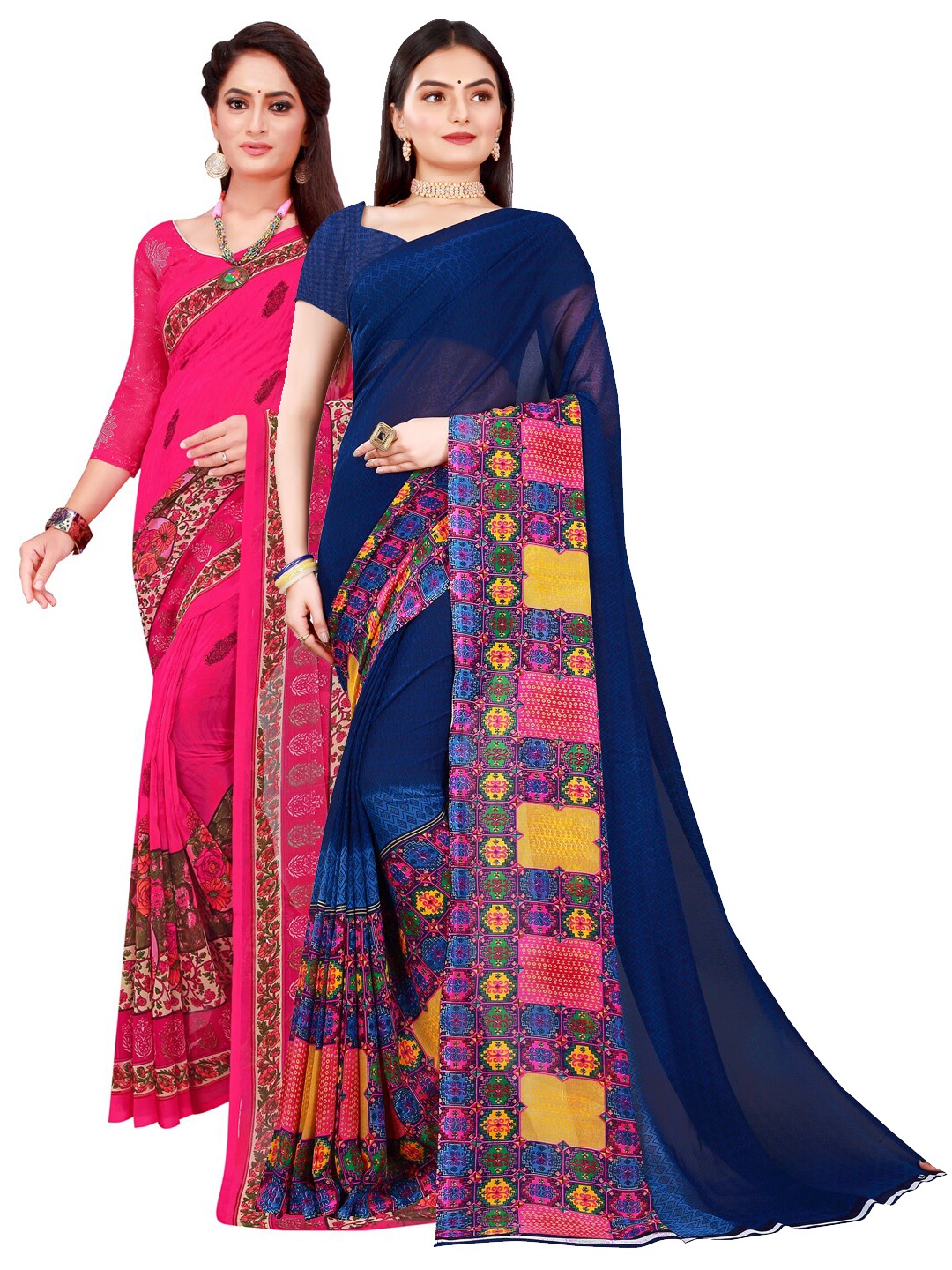 

KALINI Magenta & Navy Blue Set of 2 Floral Printed Georgette Saree