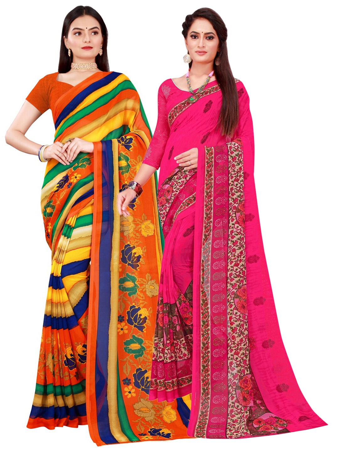 

KALINI Orange & Magenta Floral Printed Pure Georgette Saree Pack Of 2