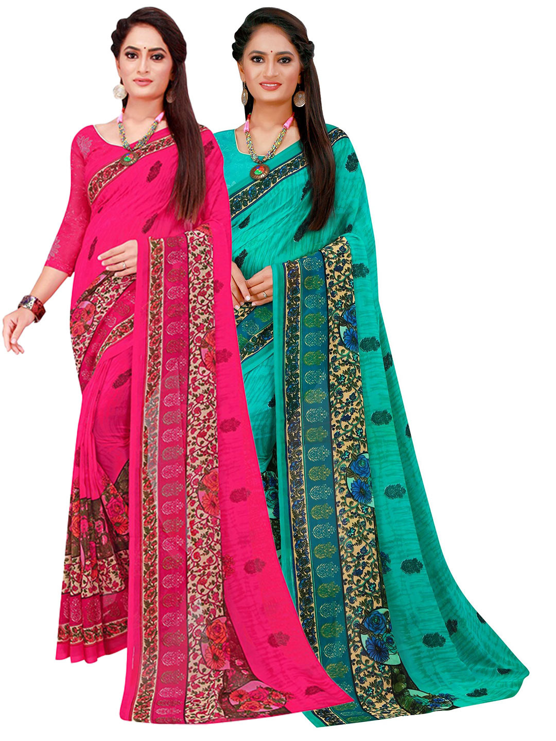 

KALINI Pack of 2 Magenta & Turquoise Blue Floral Pure Georgette Sarees