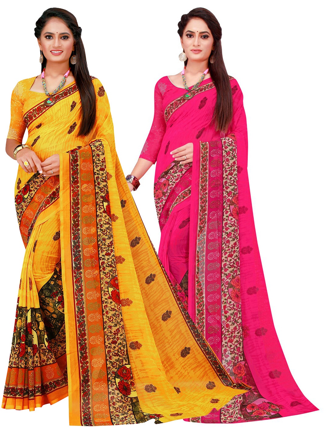 

KALINI Set Of 2 Magenta & Yellow Floral Pure Georgette Saree