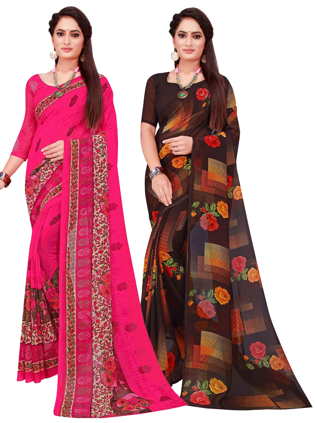 

KALINI Pack Of 2 Magenta & Black Floral Pure Georgette Saree