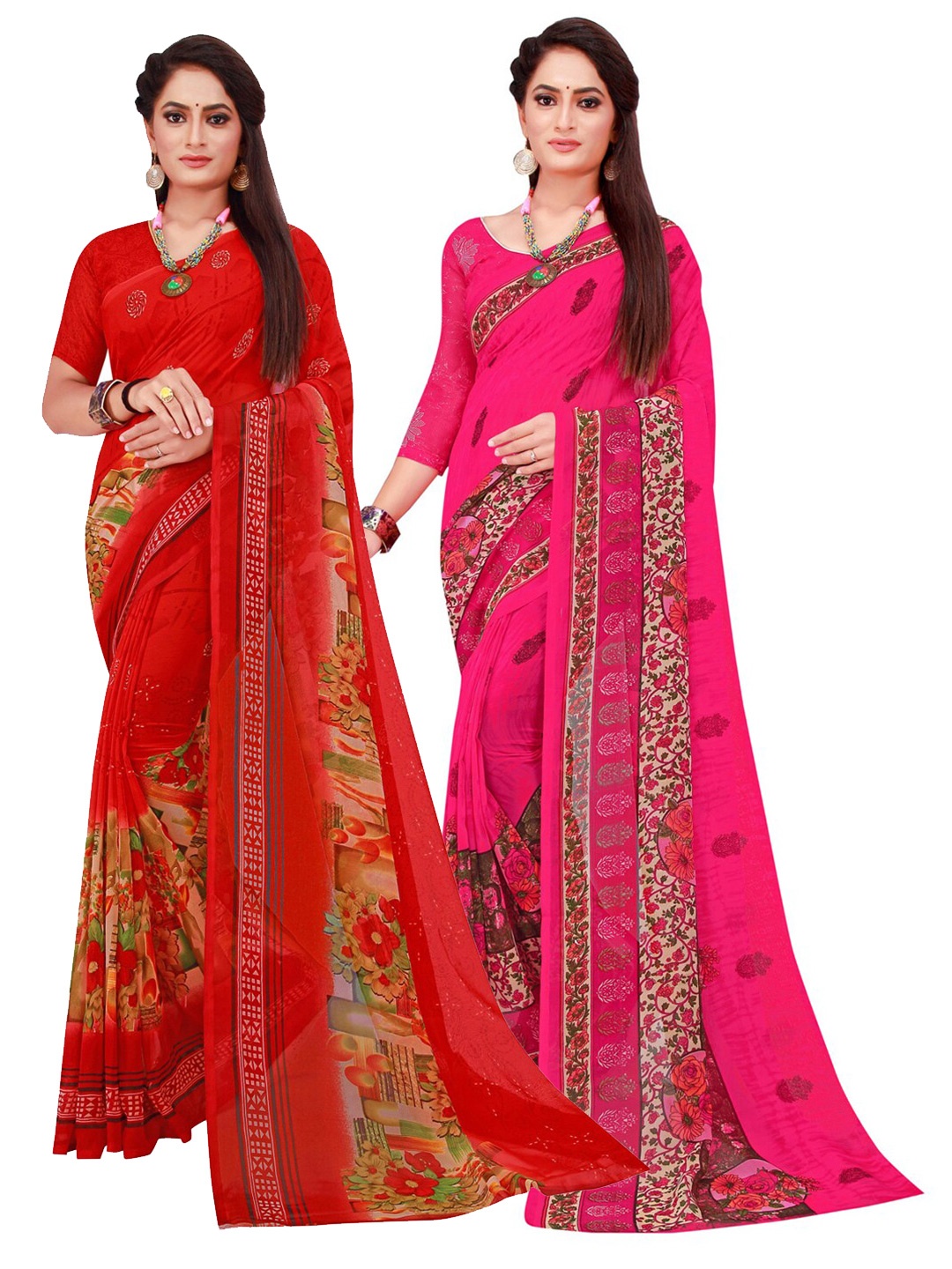 

KALINI Pack of 2 Magenta & Yellow Floral Pure Georgette Sarees