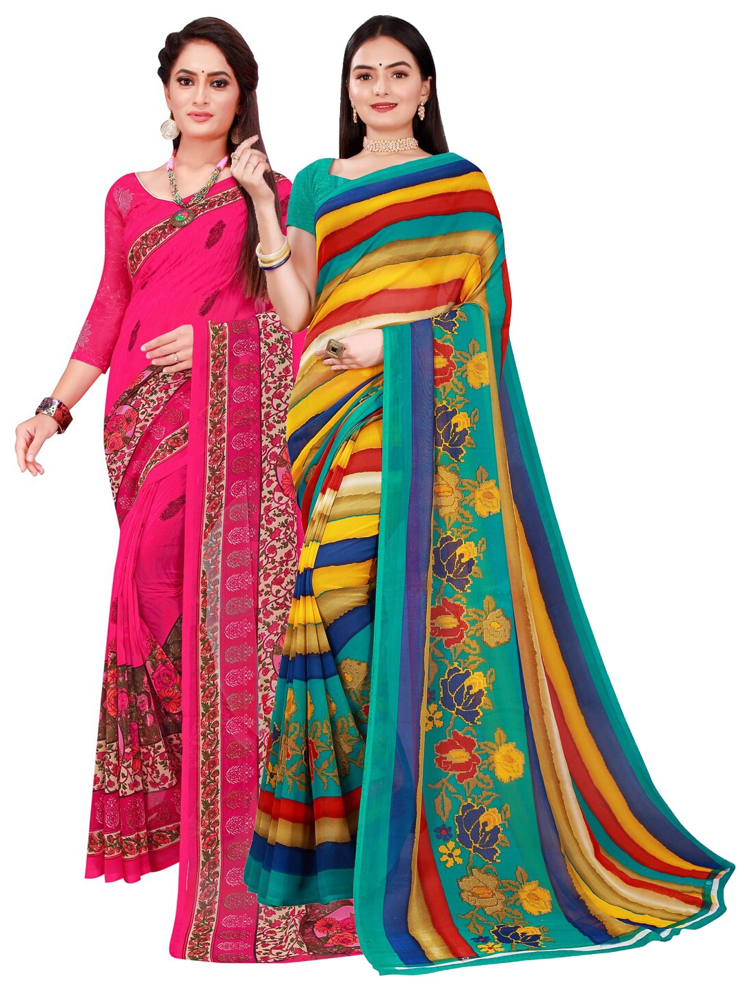 

KALINI Magenta & Blue Set Of 2 Floral Pure Georgette Saree
