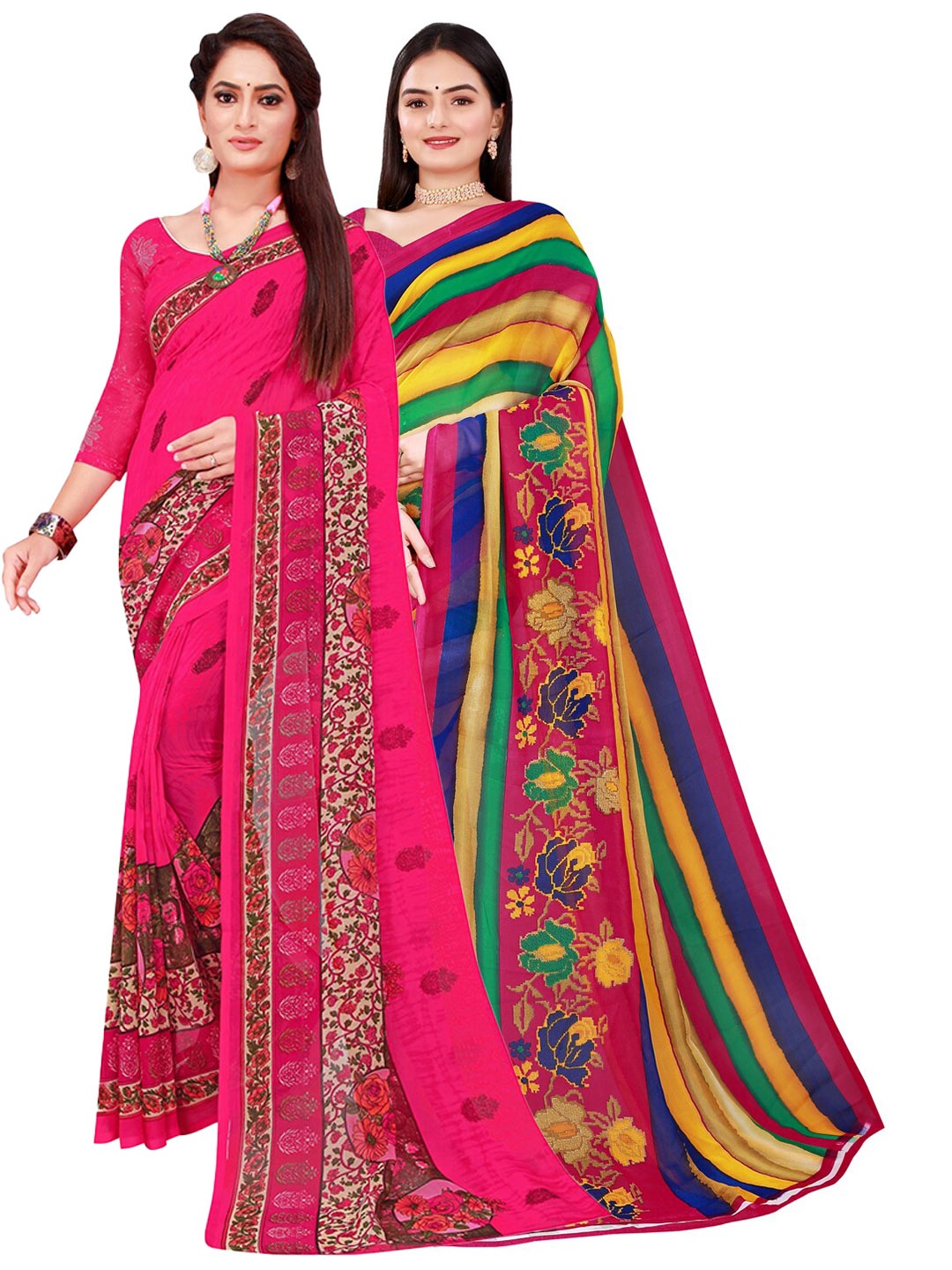 

KALINI Pink & Yellow Set of 2 Floral Printed Georgette Saree