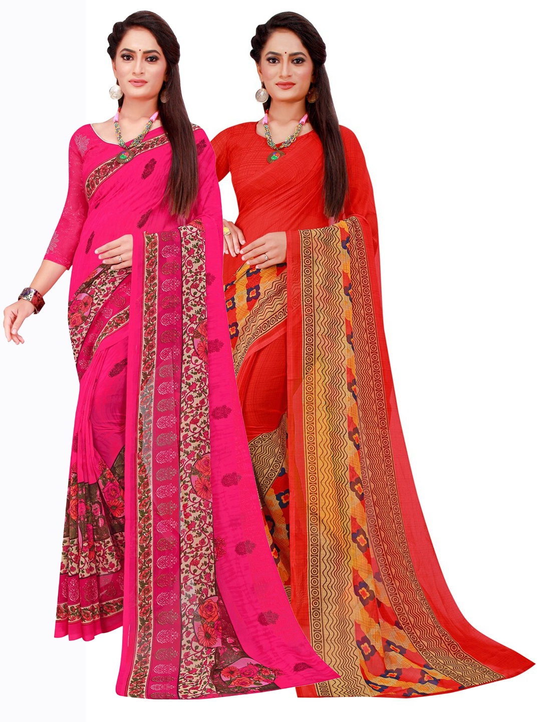 

KALINI Red & Magenta Printed Pure Georgette Saree Pack Of 2