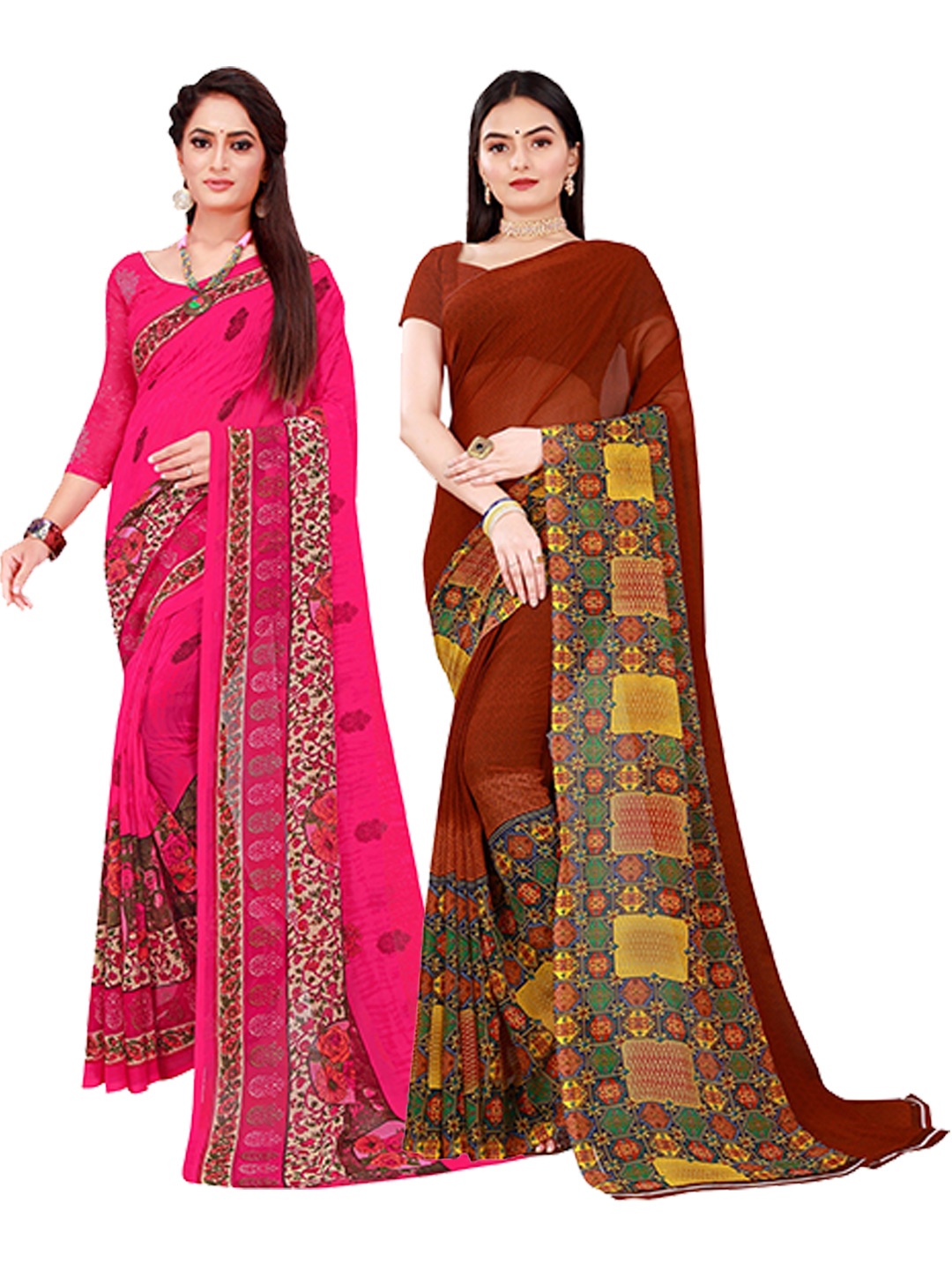 

KALINI Set Of 2 Magenta & Maroon Floral Pure Georgette Saree