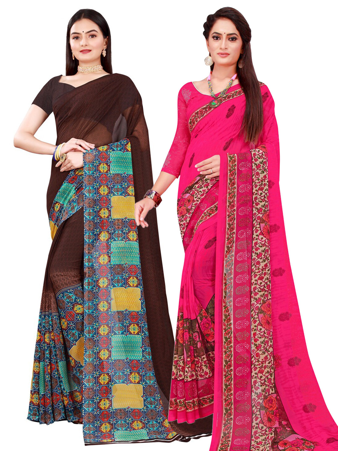 

KALINI Pack Of 2 Brown & Magenta Floral Pure Georgette Saree