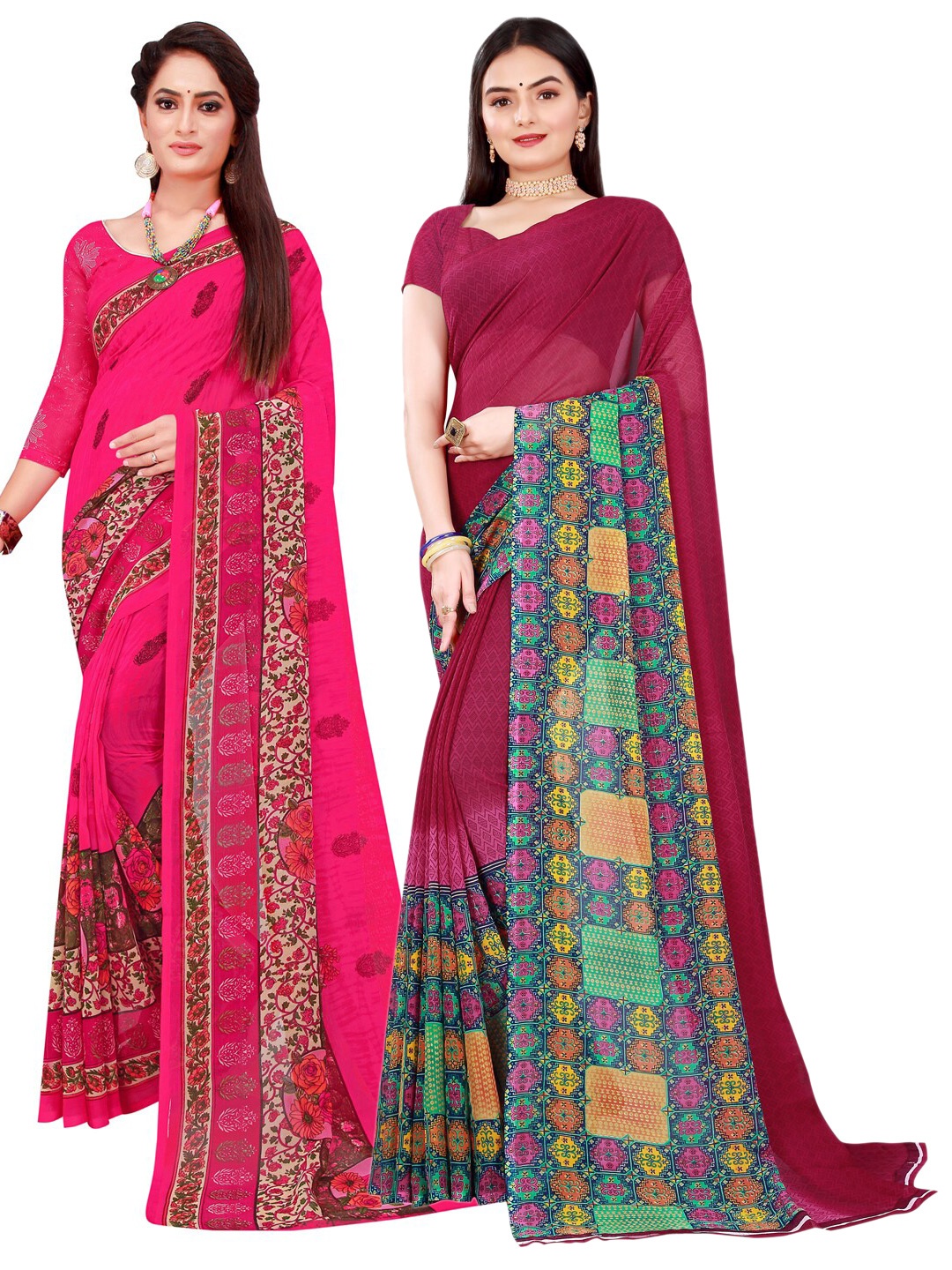 

KALINI Magenta & Maroon Set Of 2 Floral Pure Georgette Saree