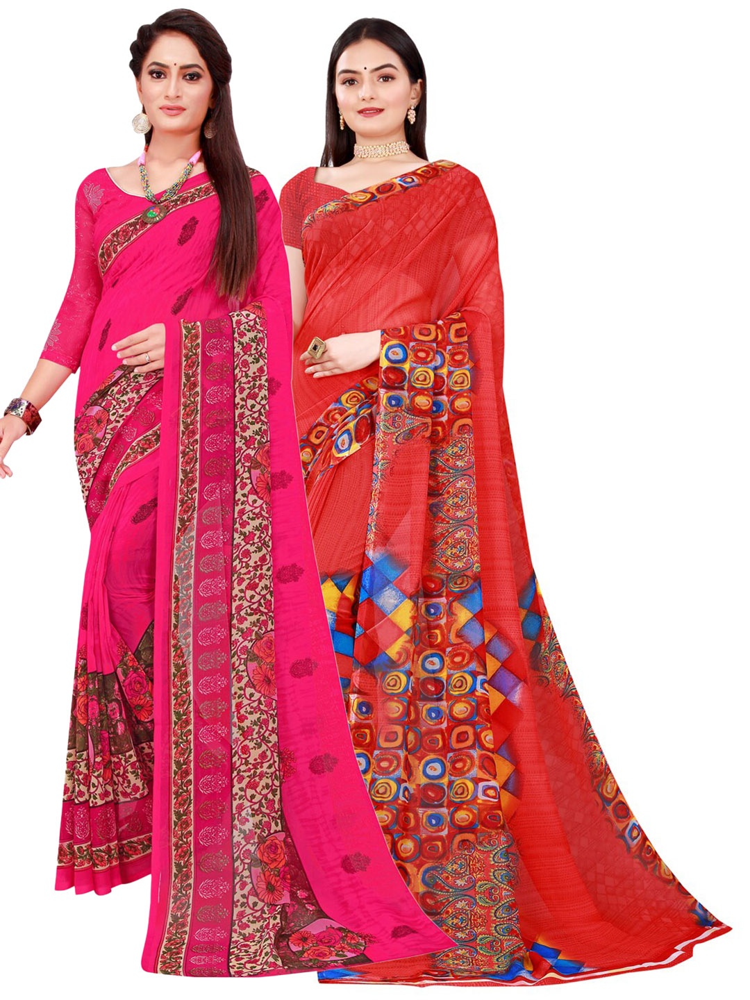 

KALINI Pack of 2 Red & Magenta Floral Pure Georgette Sarees