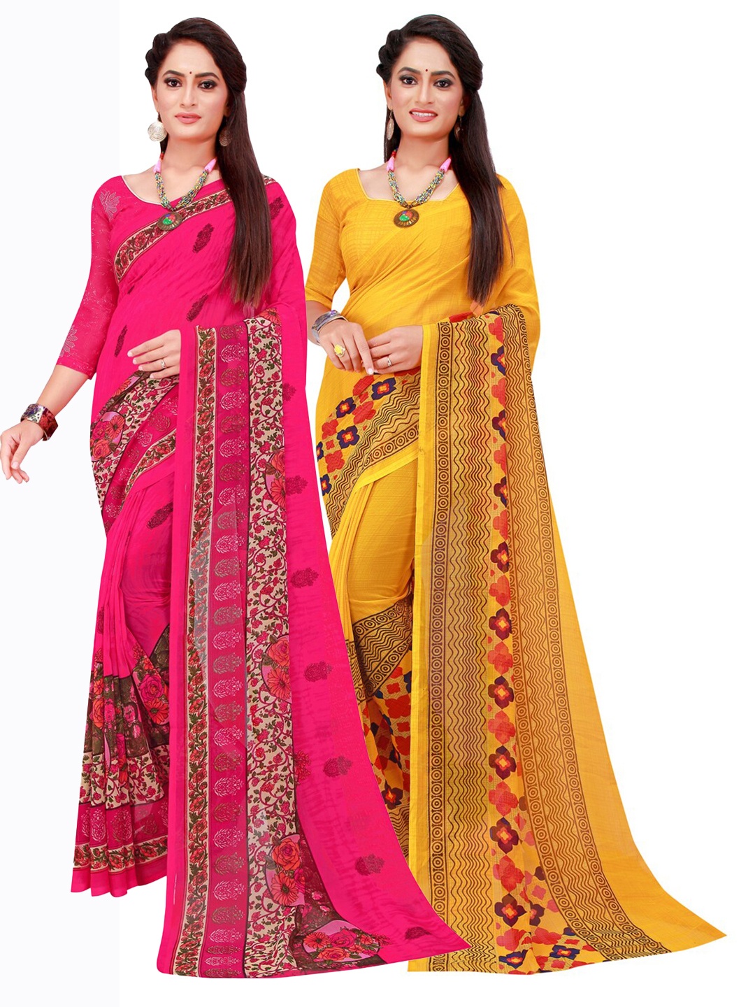 KALINI Yellow & Magenta Printed Pure Georgette Saree