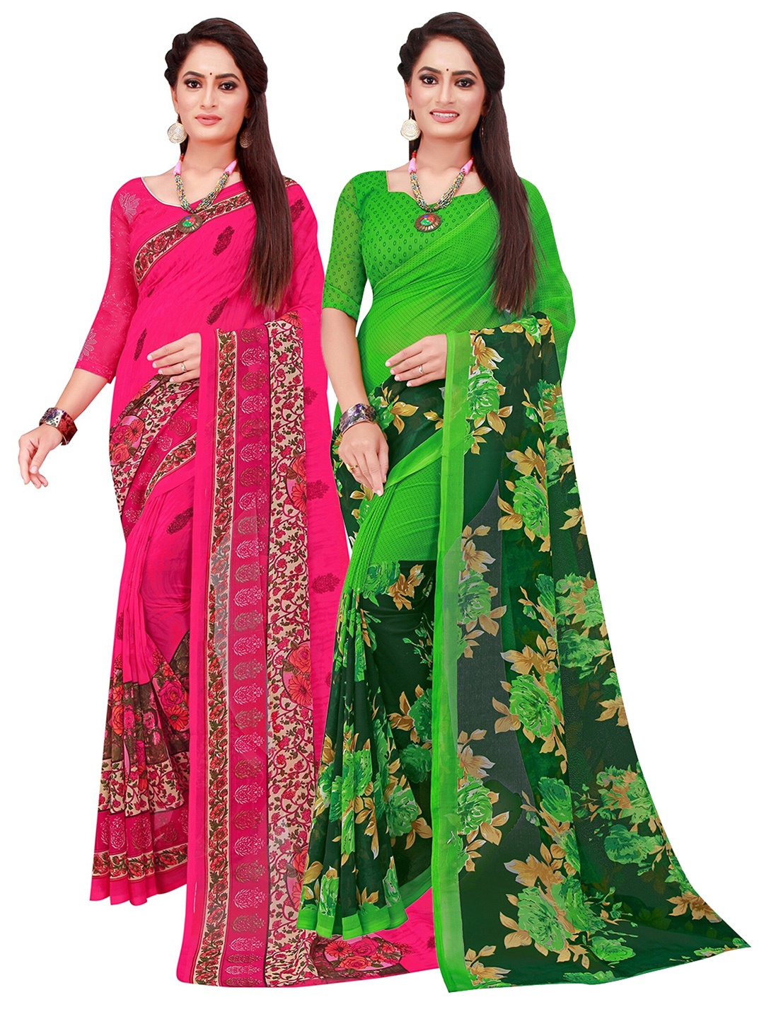 KALINI Set Of 2 Magenta & Green Floral Pure Georgette Saree