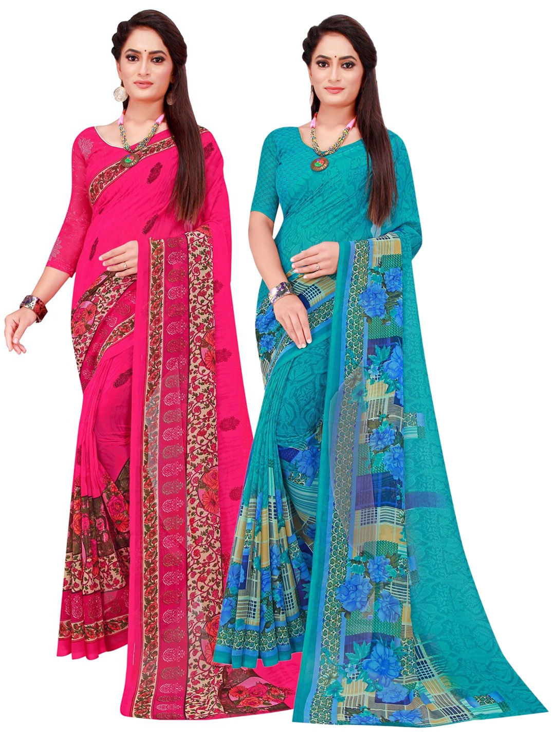 

KALINI Turquoise Blue & Red Set Of 2 Floral Pure Georgette Saree