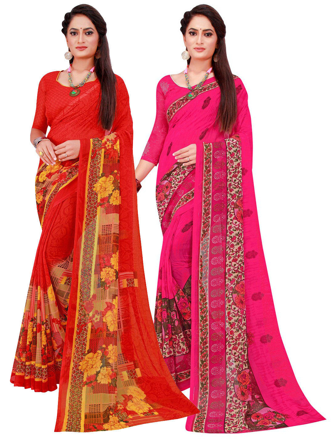 

KALINI Magenta & Red Set of 2 Floral Printed Georgette Saree