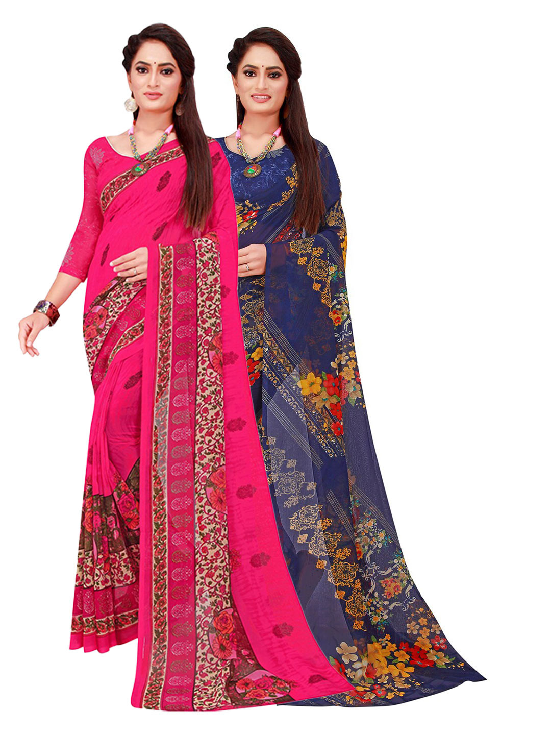 

KALINI Magenta & Navy Blue Floral Printed Pure Georgette Saree Pack Of 2