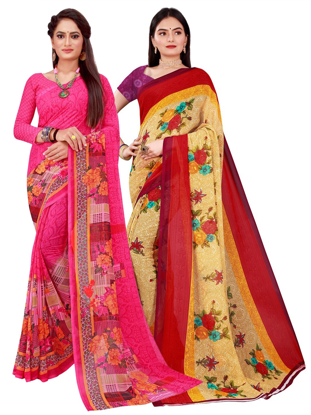 

KALINI Pack of 2 Floral Pure Georgette Sarees, Beige