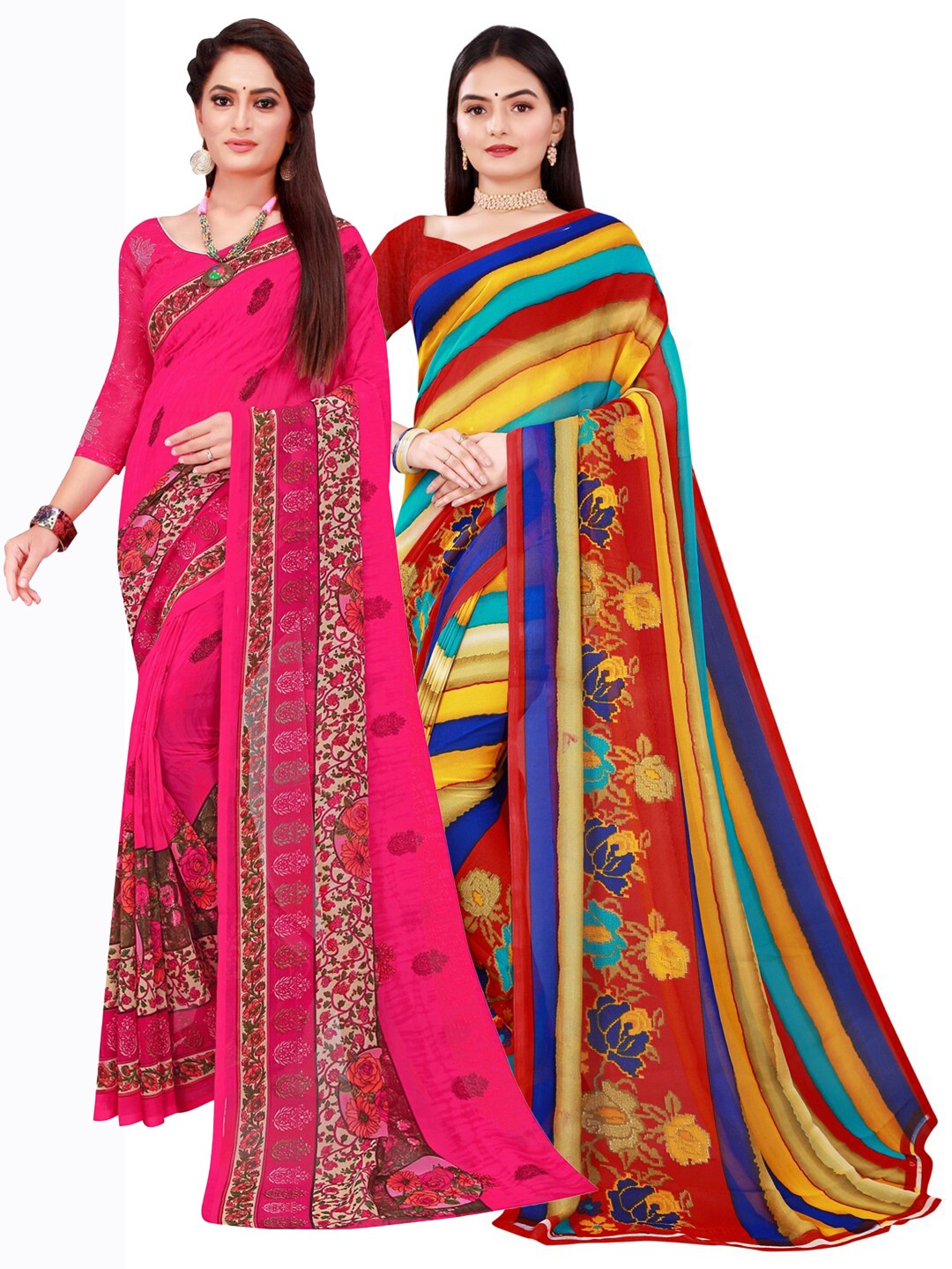 

KALINI Magenta & Red Floral Pure Georgette Saree