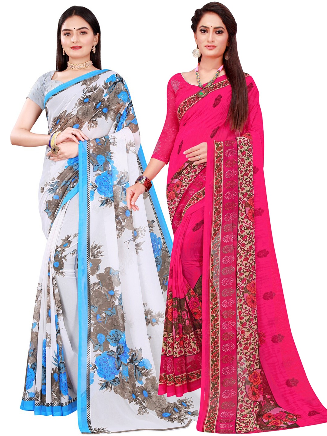

KALINI Pack of 2 Magenta & White Floral Pure Georgette Saree