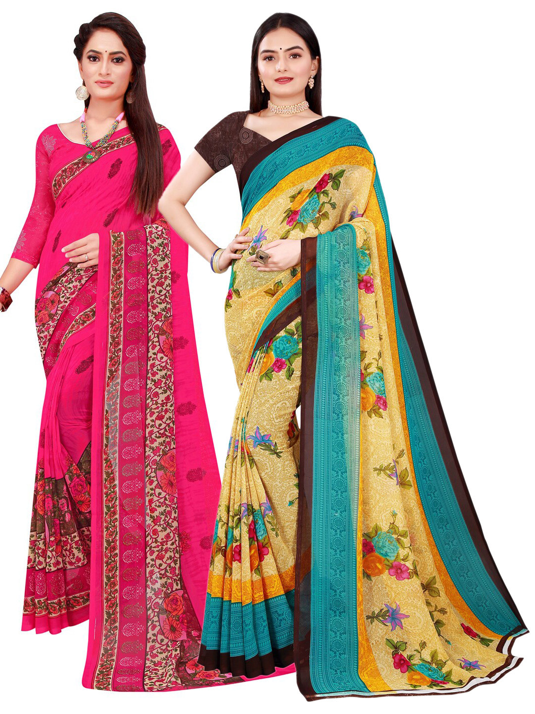 

KALINI Pack Of 2 Beige & Magenta Floral Pure Georgette Saree