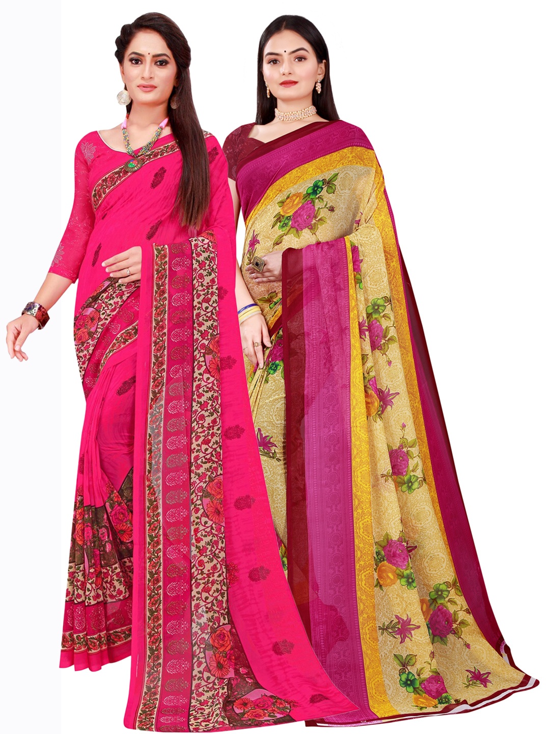 

KALINI Beige & Pink Set of 2 Pure Georgette Saree