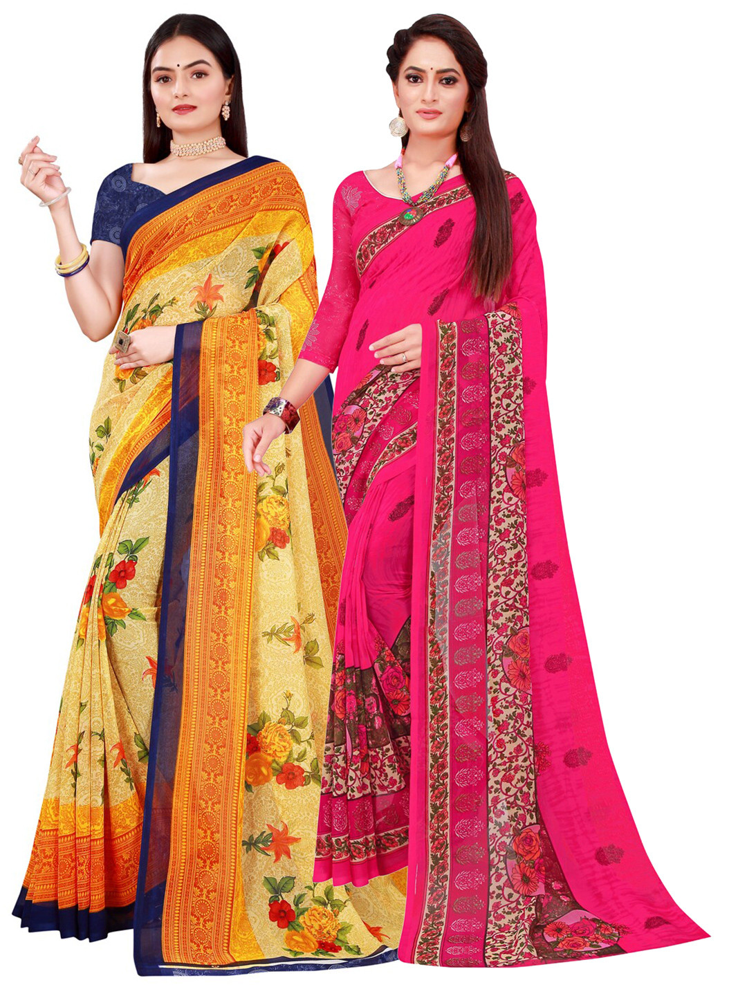 

KALINI Set of 2 Beige & Magenta Floral Pure Georgette Saree