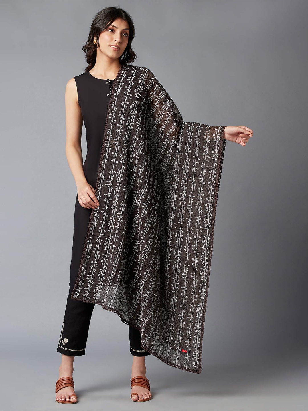 

W Brown & White Embroidered Pure Cotton Dupatta