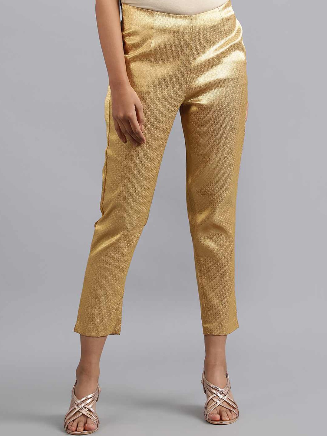 

W Women Gold-Toned Floral Printed Slim Fit Pleated Culottes Trousers